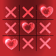 Tic tac toe board game where love wins with glowing low polygonal heart shapes isolated on dark red 