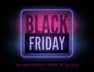 Black friday Purple violet neon light box with annual discount offer promo. Stylish seasonal clearance advert. Price reduction minimal sticker design. Year biggest sale vector banner template.