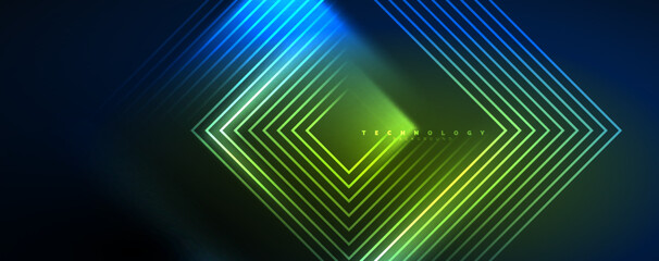 Neon glowing techno lines, hi-tech futuristic abstract background template. Vector illustration for wallpaper, banner, background, leaflet, catalog, cover, flyer