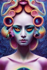 Fototapeta na wymiar ultra bright colorful trippy gorgeous beautiful surreal futuristic sci-fi Baroque female Goddess, beautiful trippy detailed eyes, trippy surreal portrait