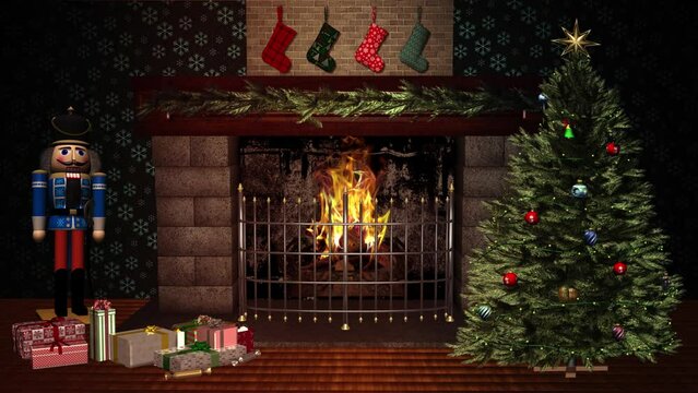 Holiday Fireplace - Christmas Tree - Nutcracker Doll - Gift Boxes - Burning Loop - 3D animation for winter holiday greeting background or screensaver.