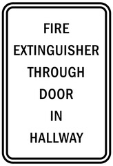 Fire emergency sign Fire extinguisher through door in hallway