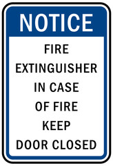 Fire emergency sign Fire suppression in case of fire keep door closed