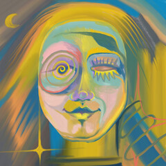 Esoteric woman portrait, modern art for wall decoration or informational illustration. Colorful brush strokes create a surreal psychedelic female face on the canvas.