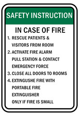 Fire emergency sign safety instruction in case of fire