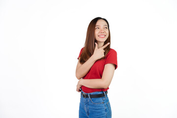 Hand pointing, Pretty Asian people wearing red t-shirt for a woman isolated on white background.