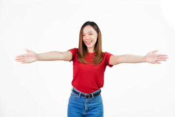 Hug, love yourself, Pretty Asian people wearing red t-shirt for a woman isolated on white background.