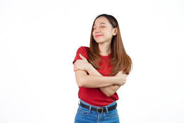 Hug, love yourself, Pretty Asian people wearing red t-shirt for a woman isolated on white background.