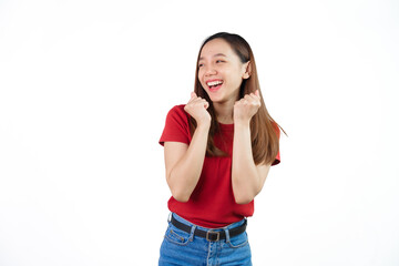Received a good news, shock, surprise for discount or promotion on black friday , Pretty Asian people wearing red t-shirt for a woman isolated on white background.