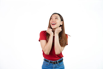 Fototapeta premium Received a good news, shock, surprise for discount or promotion on black friday , Pretty Asian people wearing red t-shirt for a woman isolated on white background.
