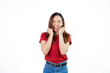 Received a good news, shock, surprise for discount or promotion on black friday , Pretty Asian people wearing red t-shirt for a woman isolated on white background.