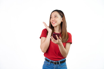 Using mobile for maps or gps , Pretty Asian people wearing red t-shirt for a woman isolated on...