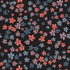 Simple, seamless floral print spaced out conversational pattern, blooming, colorful random, fading doodle flowers, stems and petals clusters for clothing, textile, tshirt, kids, girls women, wrapping,