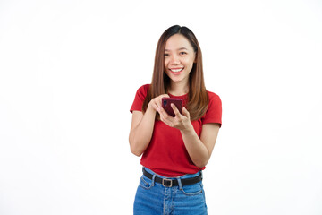 Using mobile for maps or gps , Pretty Asian people wearing red t-shirt for a woman isolated on...