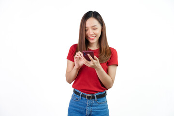 Using mobile for maps or gps , Pretty Asian people wearing red t-shirt for a woman isolated on...