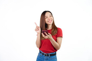Using mobile for maps or gps , Pretty Asian people wearing red t-shirt for a woman isolated on...