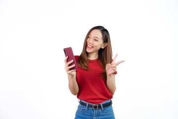 Mobile video call or selfie , Pretty Asian people wearing red t-shirt for a woman isolated on white background.