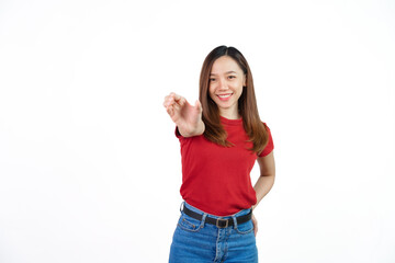 Fototapeta na wymiar Pretend to hold can, Pretty Asian people wearing red t-shirt for a woman isolated on white background.
