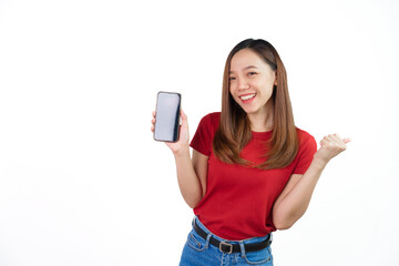 Showing mobile blank screen, Pretty Asian people wearing red t-shirt for a woman isolated on white background.