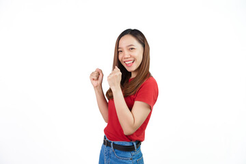 Fototapeta premium Pretty asian women soccer fans celebrating over white background isolated. Sports fan isolated young woman.