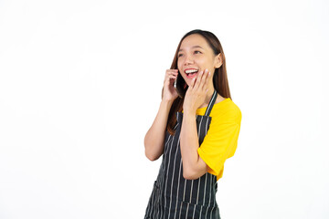 Talking or call mobile phone, Portrait of confident asian woman barista and food owner shop with...