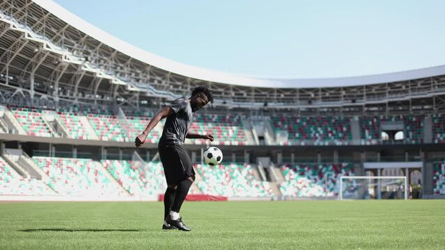 a man plays a football tournament. kicks a soccer ball. Coaching football on the grass field.