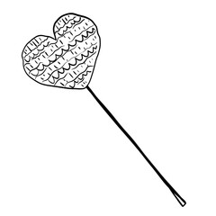 Crocheted heart on a stick, line illustration, black and white