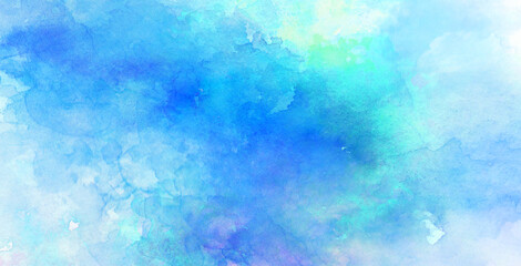 Fototapeta na wymiar コピースペースのある冬をイメージした青色と水色の水彩背景　背景イラスト　テクスチャ素材