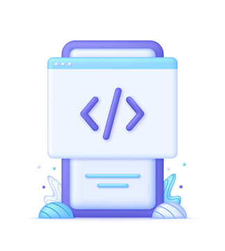 3D Web page and programming code icon on Phone. Development and software concept.