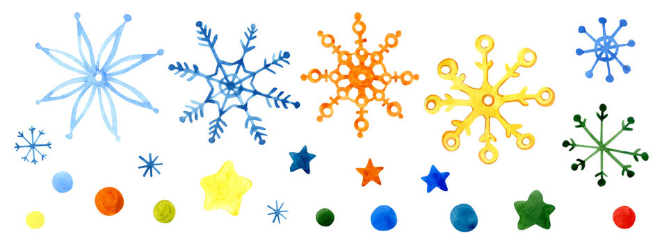 Christmas clip art. Multicolored snowflakes painted in watercolor. Snowflakes, stars, confetti on a white background. Winter decor. For the design of postcards, packaging, stickers, etc.