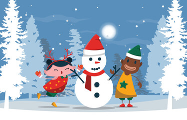 Kids Playing Snowman Pine Tree Winter Christmas Illustration