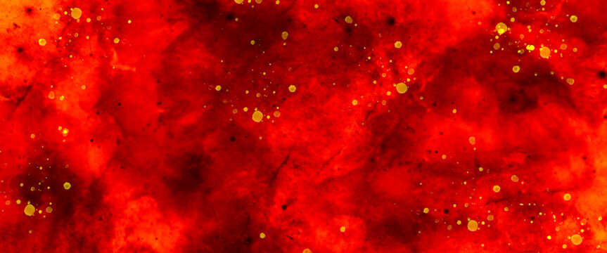 Red Watercolor Grunge With Gold Dots. Abstract Colorful Wall Background. Colorful Acrylic Watercolor Grunge Paint Background. Outer Space. Frost And Lights Background. Nebula And Stars In Space.