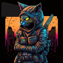 Cyberpunk cat ninja for tshirt, Ninja cat head logo icon esport illustration sticker mask, Cat Silhouette Illustration for t-shirt, sweater, jacket. isolated in black background