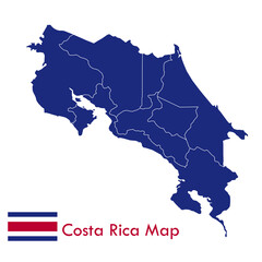 Blue Costa Rica country map vector with separate cities and territories