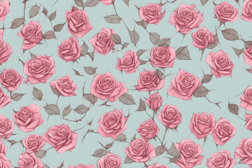 Fototapeta premium Illustration digital watercolor flowers roses pink pattern background 