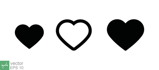 Set of heart icon. Simple outline, flat, solid style. Black heart silhouette, minimal line stroke heart symbol, medical, health concept. Vector illustration isolated on white background. EPS 10.