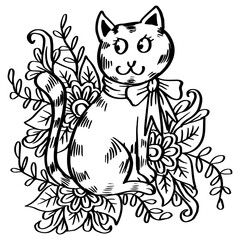 Cute cat cartoon with floral element.