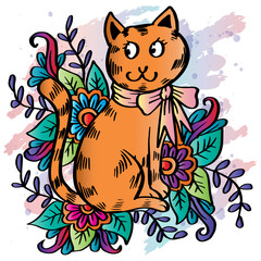 Cute cat cartoon with floral element.