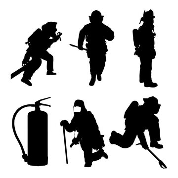 Set of silhouettes of firefighters on standby
