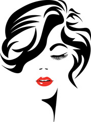 Beautiful sexy woman face, curly black hair style, fashion hairdresser, element design, spa salon. Beauty Logo. Vector illustration.	
