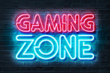 Fototapeta na wymiar Gaming Zone Neon Sign 3D illustration on a dark brick background.