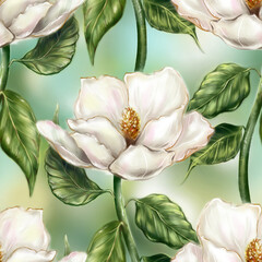 Beautiful pearly white ivory Magnolia flower leaf branch plant computer graphic digital watercolor art seamless pattern background - 549164073