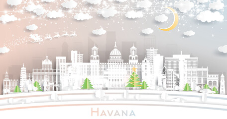 Havana Cuba. Winter City Skyline in Paper Cut Style with Snowflakes, Moon and Neon Garland.