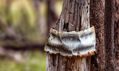 Old bit of corrugated iron attached to tree stump in Woodlands Historic Park