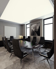 Modern office design. 3D visualization. Walls made of veneered panels.