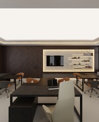 Modern office design. 3D visualization. Walls made of veneered panels.