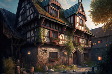 AI generated image of a fairy-tale tavern somewhere in Europe	
 - obrazy, fototapety, plakaty