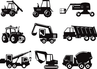 Construction vehicles set isolated vector Silhouette
