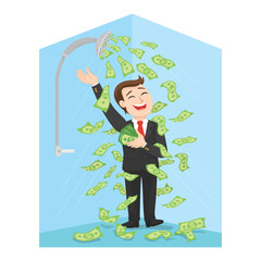 Happy businessman standing shower of money, illustrator vector cartoon drawing