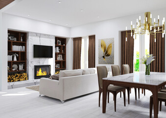 Modern light interior. 3D visualization. Living room, kitchen and dining room